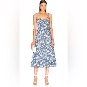 Veronica Beard Marena Ruched Floral Print Midi Dress in Blue and White